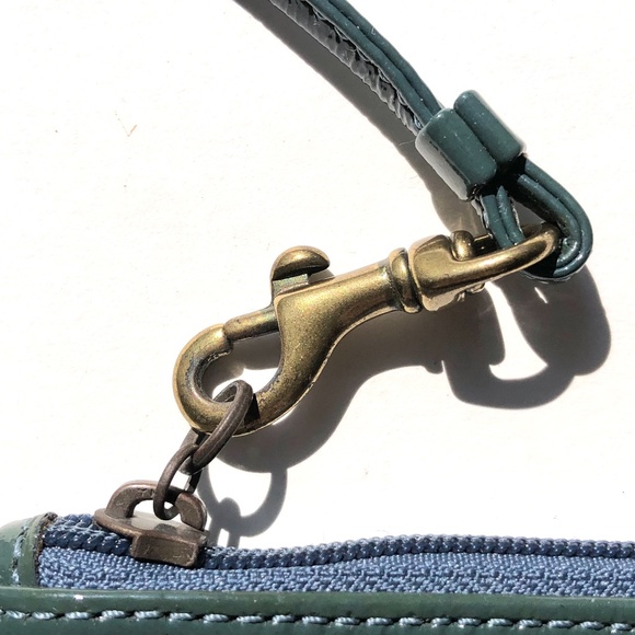 Coach Patent Leather Small Wristlet Wallet Teal Blue Embossed zipper brass plaid - Picture 3 of 7